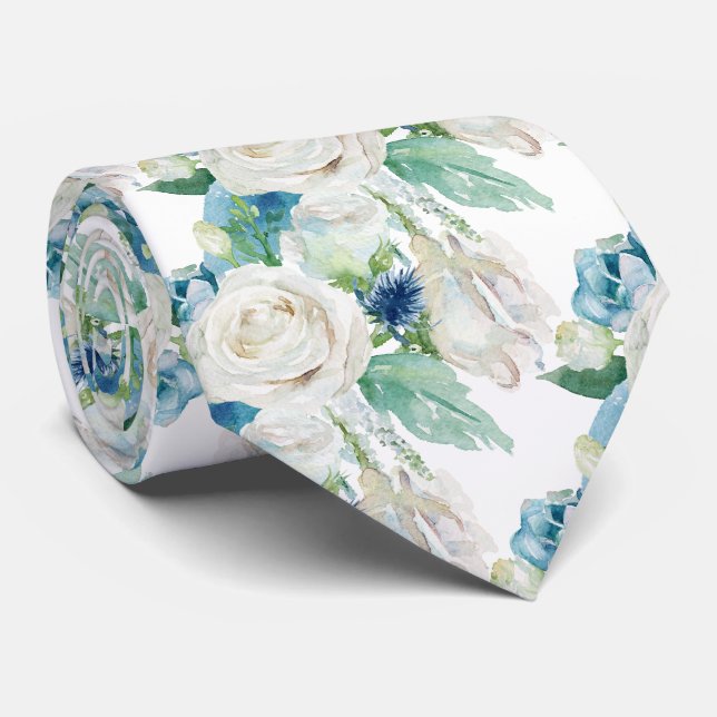 Gravata Elegante Rosas Brancas Azuis de Inverno (Rolled)