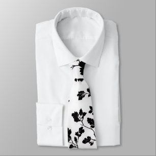 Gravata Elegante Silhueta Floral Preta e Branca Botânica