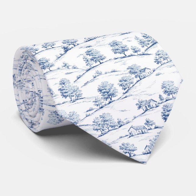 Gravata Elegante Toile Azul com Cenas Pastoris Francesas V (Rolled)