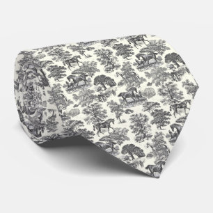 Gravata Elegante Toile de Jouy Preto e Branco Cavalos Coun