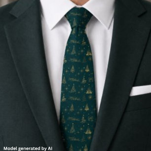 Gravata Elegante Verde Com Doodles de Árvore de Natal em D