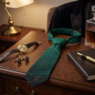 Gravata Elegante Verde Escuro Dourado Geométrico