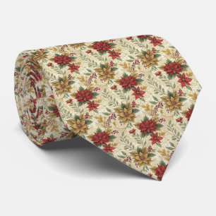 Gravata Elegante Vermelho e Dourada Poinsettia Floral