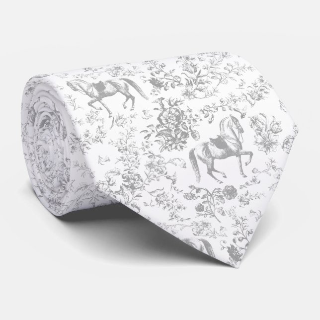 Gravata Elegante Vintage Cinza Branco Toile Equestre Sofis (Rolled)