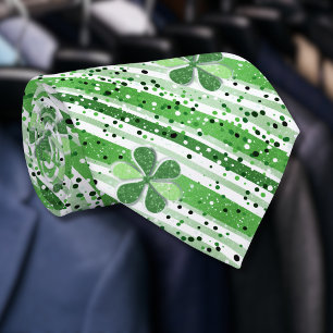 Gravata Elegantes Listras Brancas e Verdes com Trevo Brilh