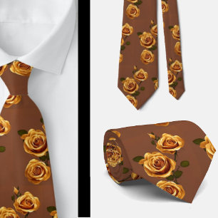 Gravata Elegantes Rosas Florais Douradas Amarelas Castanha
