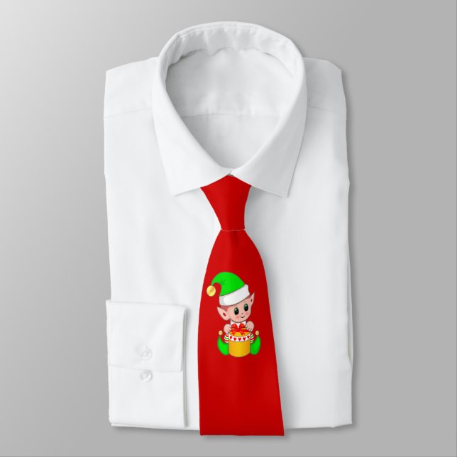 Gravata Elf de Natal Moderno e Bonito em Vermelho (Amarrado)