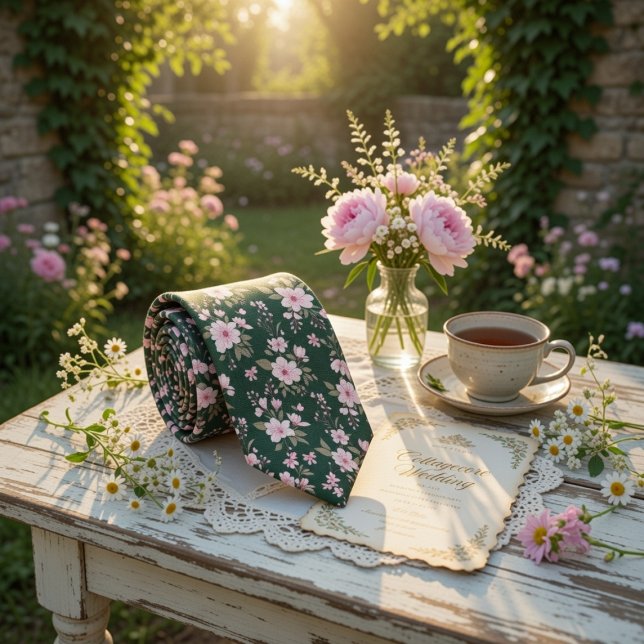 Gravata Emerald Green Floral Pink Blossom (Criador carregado)