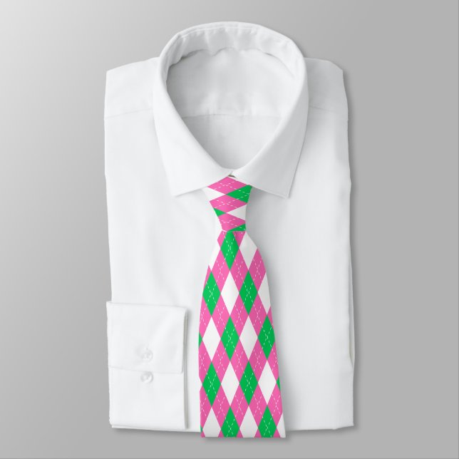 Gravata Emerald Green Hot Pink White Argyle Diamond (Amarrado)