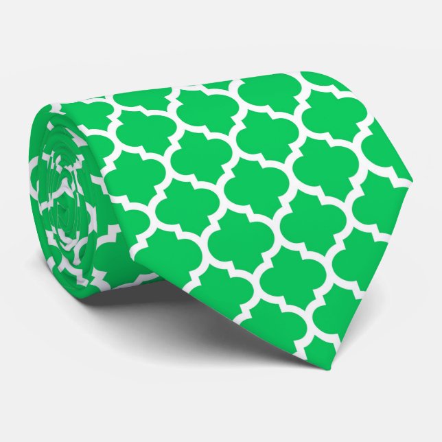 Gravata Emerald Green White Quatrefoil Marroquino Padrão # (Rolled)