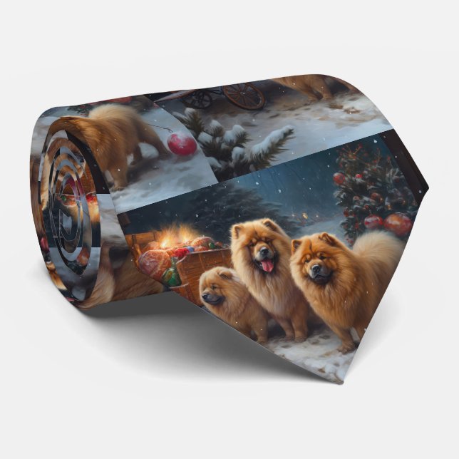 Gravata Enfeite de Natal com Trenó Nevado Chow Chow (Rolled)