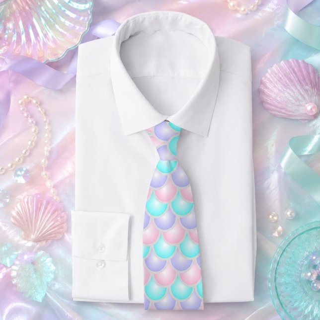 Gravata escamas de sereia roxas rosa turquesa pastéis boni (pretty pastel purple pink turquoise mermaid scales neck tie)