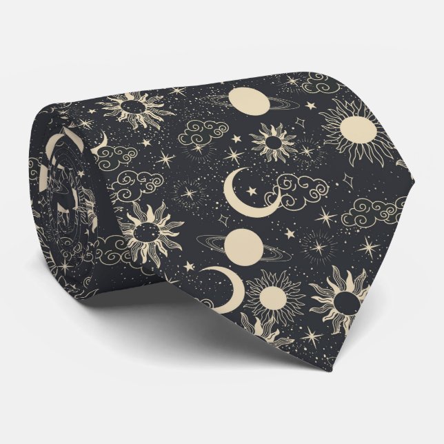 Gravata espaço celestial sol lua galáxia planeta bege (Rolled)