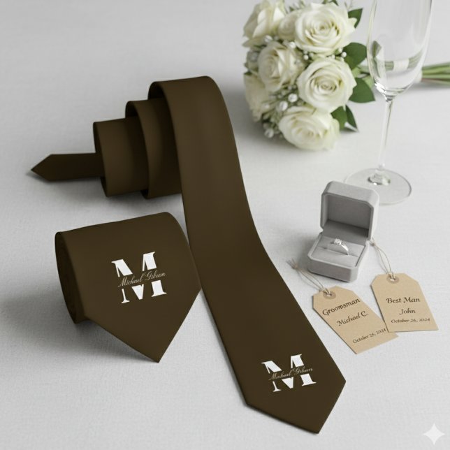 Gravata Espresso | Custom Monogram Wedding Groomsmen  (Espresso | Custom Monogram Wedding Groomsmen Neck Tie)