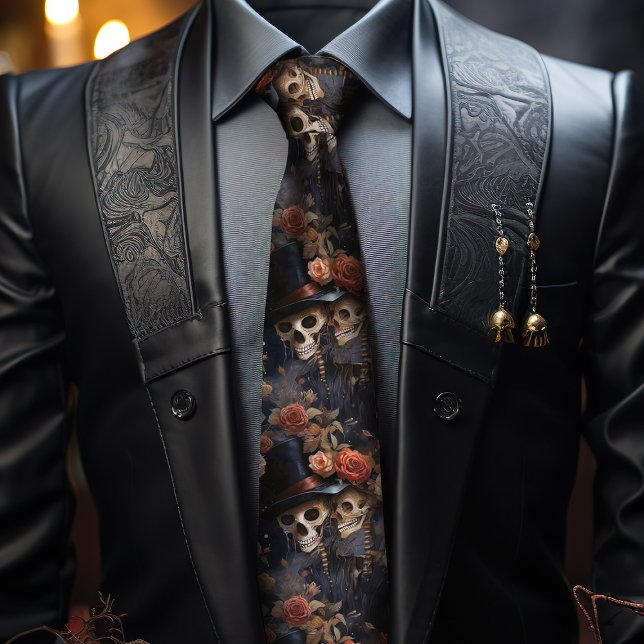 Gravata Esqueletos se Beijando, Rosas Cor de Rosa Clássico (Unusual wedding ideas, romantic gothic wedding groomsmen tie, with steampunk vibes.)