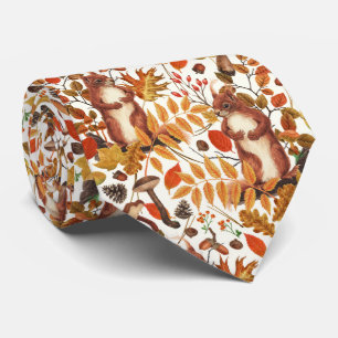 Gravata Esquilos de outono e flora autóctone em branco