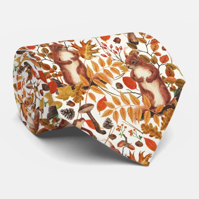 Gravata Esquilos de outono e flora autóctone em branco (Rolled)