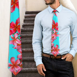 Gravata Estampa de Plumeria Havaiana Aqua e Rosa