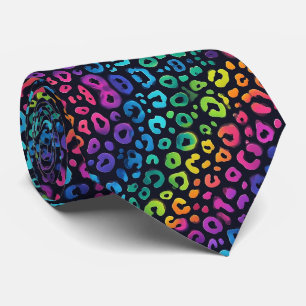 Gravata Estampada com Arco-íris Preto Neon e Leopa