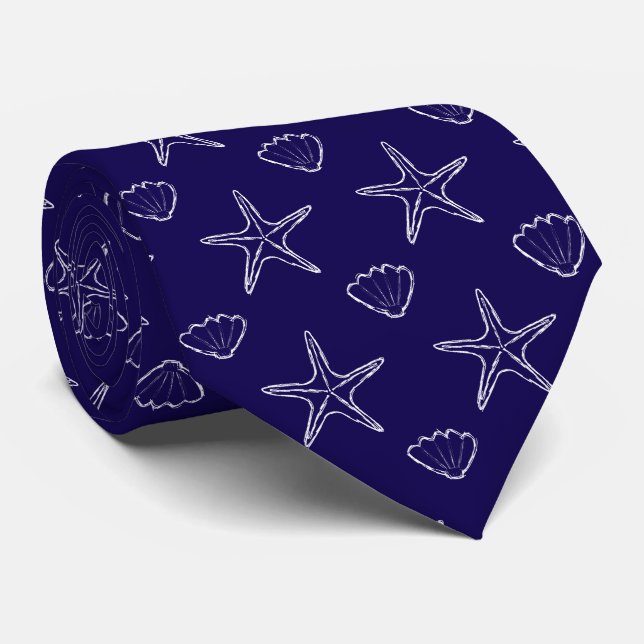 Gravata Estrela-do-mar Concha Padrão de Desenho em Azul (Rolled)