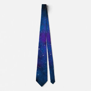 Gravata Estrelas Brilhantes no Fundo Espacial Azul e Roxo