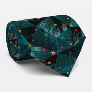 Gravata Estrelas Douradas e vermelhas em azul