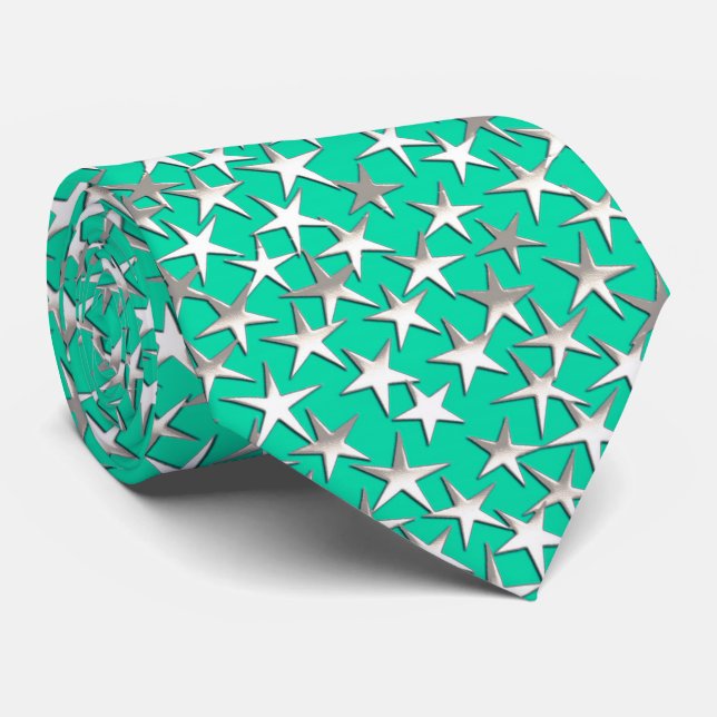 Gravata Estrelas prateadas em turquesa (Rolled)