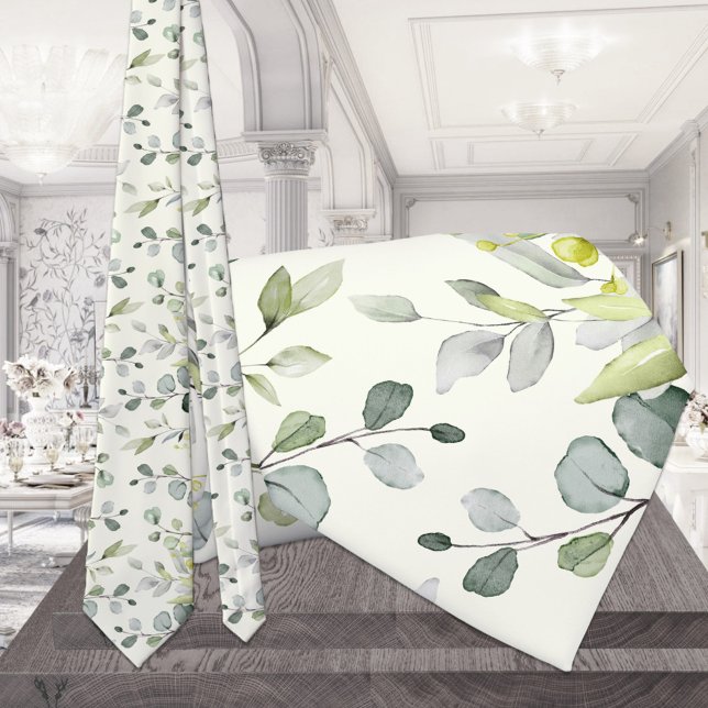 Gravata Eucalyptus Greenery Brancos de Casamento de Pescoç (Criador carregado)