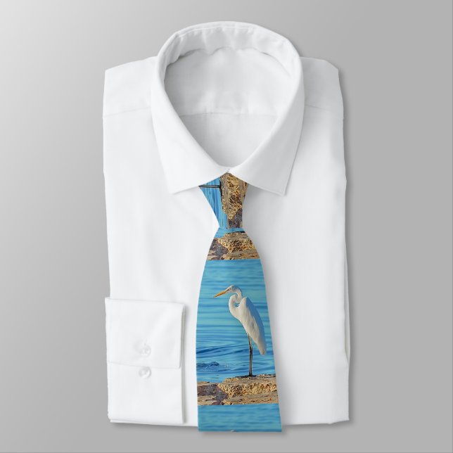 Gravata Excelente White Heron Bird Blue Shoreline Mens Tie (Amarrado)