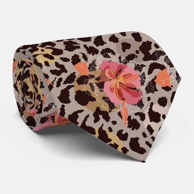 Gravata Exótico floral cor-de-rosa em estampa animal leopa (Rolled)