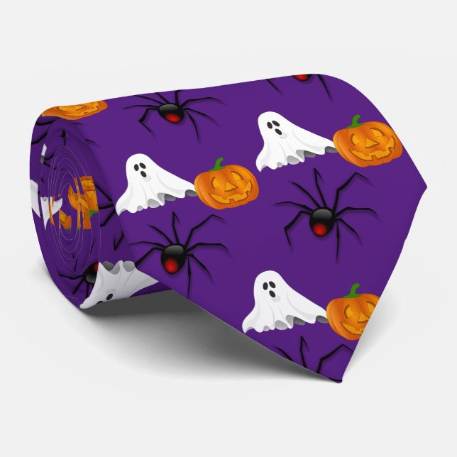 Gravata Fantasma de Aranha de Abóbora de Halloween Roxo  (Rolled)