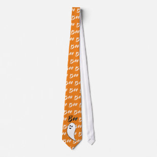 Gravata Fantasma Halloween preto branco laranja boo