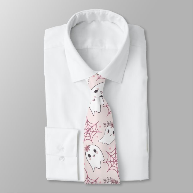 Gravata Fantasma Rosa Pastel Halloween Kawaii (Amarrado)