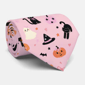 Gravata Fantasmas Gatos e Abóboras Cor-de-Rosa de Hallowee