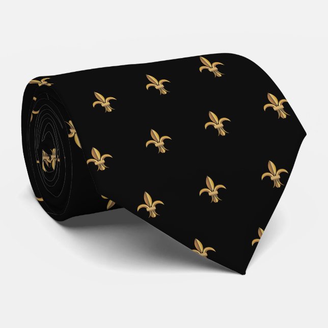 Gravata Faux Silk Black Fleur de Lis Dourado de Lis (Rolled)