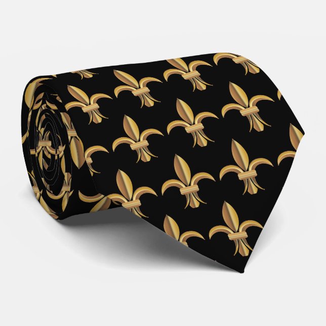 Gravata Faux Silk Black Fleur de Lis Dourado de Lis (Rolled)