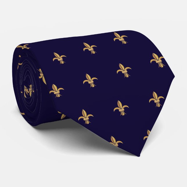Gravata Faux Silk Blue Fleur de Lis Luxury Neck (Rolled)