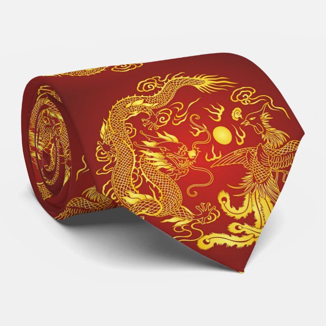 Gravata Favor de Casamento Dragão Vermelho Dourado Fênix C (Rolled)