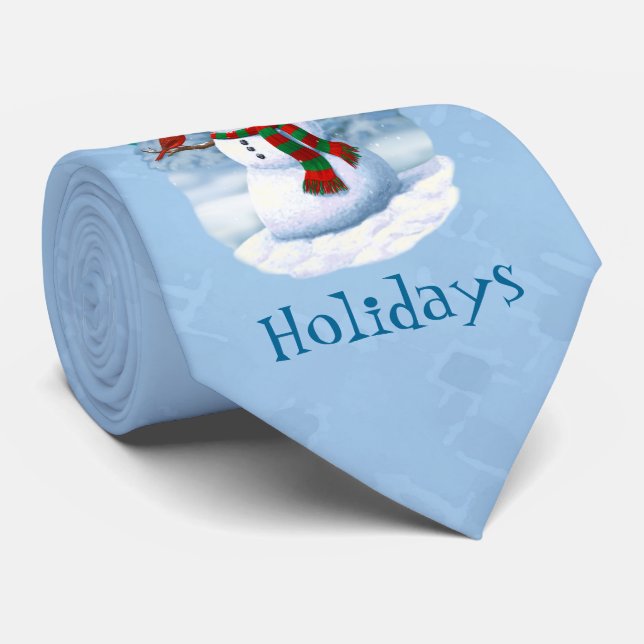 Gravata Feliz Natal Snowman e Birds Cena de Inverno (Rolled)