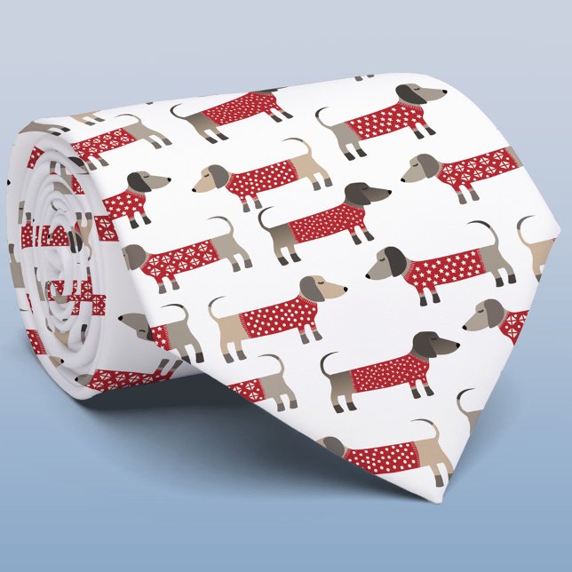 Gravata Feriado de Canino de Salsicha de Dachshund (Festive Dachshund Sausage Wiener Dogs in red and white knitwear on a tie )