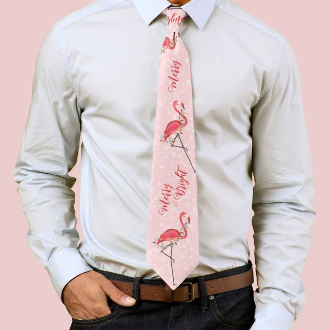 Gravata Feriado Natal - Luzes de corda Feliz e Brilho (Pink flamingos neck tie.)