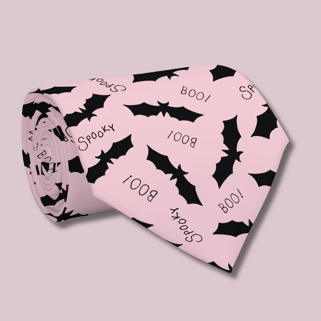 Gravata Festa de Halloween de Morcegos Rosa Fofos (Black bat Spooky Halloween pink tie)