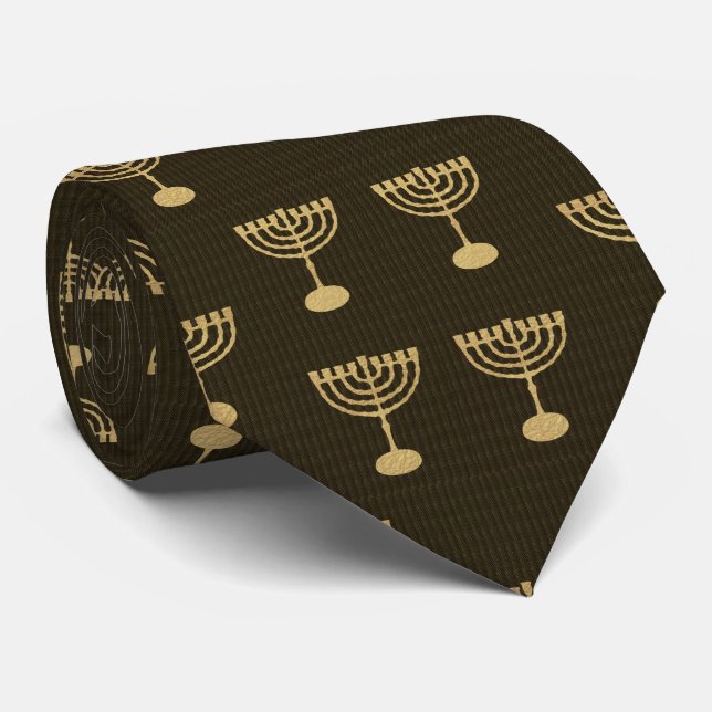Gravata Festa de Hanukkah, Dourado Patterno Menorah (Rolled)