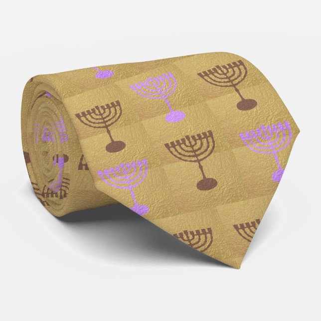 Gravata Festa de Hanukkah, Dourado Patterno Menorah (Rolled)