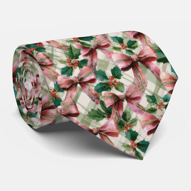 Gravata Festive Bow and Holly Christmas Pattern  (Rolled)