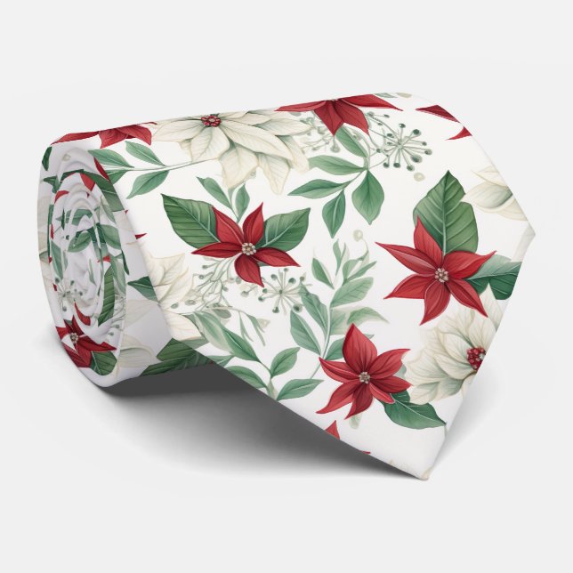 Gravata Festivo Vermelho e Verde Poinsettia Feriado Tie Fl (Rolled)