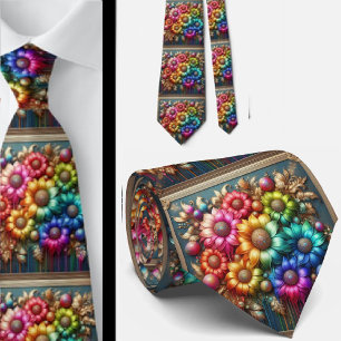 Gravata Flamboyant Flores de Arco-Íris com Brilh