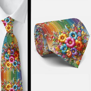 Gravata Flamboyant Flores de Arco-Íris com Brilh