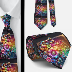 Gravata Flamboyant Flores de Arco-Íris com Brilh