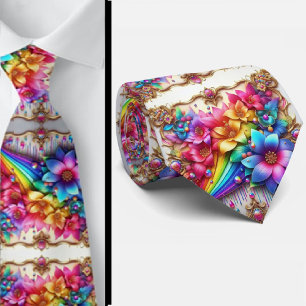 Gravata Flamboyant Flores de Arco-Íris com Brilh